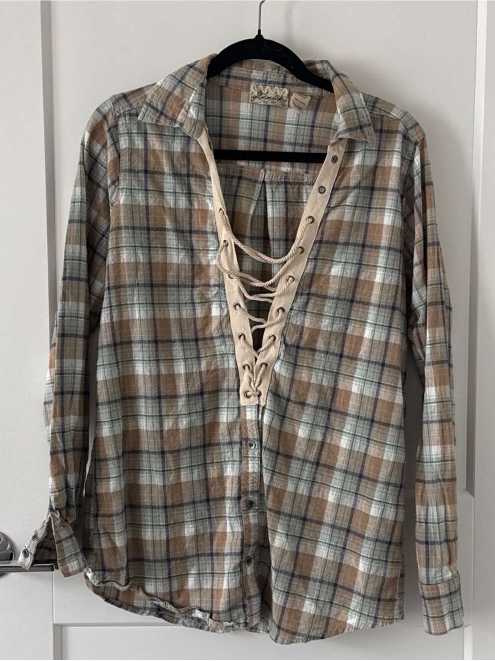 Woven Lace-Up Plaid Shirt - Beige/White